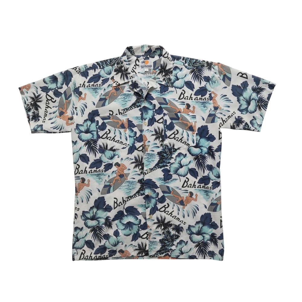 Windswept Bahamas Shirt Mens Small White Blue Surfer Tropical‎ Camp Hawaiian